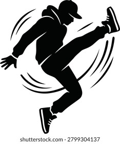Dynamic silhouette of a breakdancer in a hoodie and cap, performing an energetic dance move with motion lines, isolated on white background