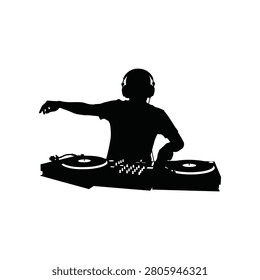 A dynamic silhouette captures a DJ mixing music on professional equipment. Ideal for event promotion music industry branding or nightlife advertising.