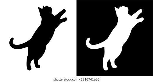 Dynamic silhouette of a cat leaping with outstretched paws, captured in midair against contrasting backgrounds, emphasizing agility and energy.