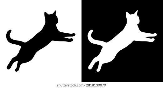 Dynamic silhouette of a cat leaping or playing, captured in midair with a plain background emphasizing motion and agility.