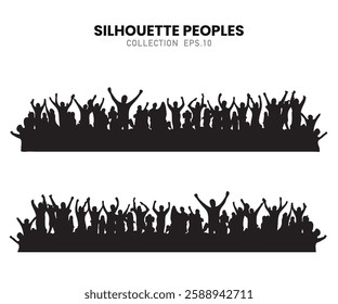 A dynamic silhouette of a cheering crowd at a concert or festival. Perfect for event posters, party flyers, and promotional designs.