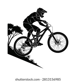 Dynamic silhouette of a cyclist performing an extreme downhill maneuver on challenging terrain. Ideal for adventure sports marketing.