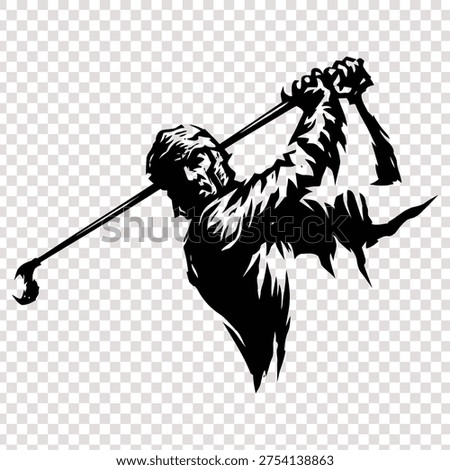 Dynamic silhouette of a determined golfer swinging a club during a powerful stroke