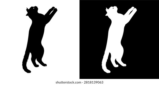 Dynamic silhouette of a dog jumping with paws raised, contrasting black and white backgrounds emphasizing motion and energy.