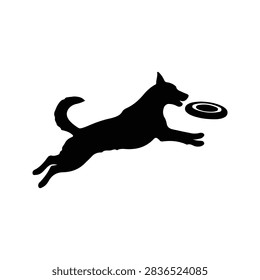 Dynamic silhouette of a dog leaping to catch a frisbee, capturing movement and energy in a playful outdoor scene.