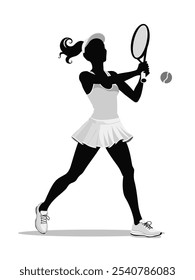 Dynamic silhouette of a female tennis player hitting a ball, perfect for sports, fitness, and lifestyle themes.