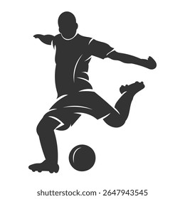 Uma silhueta dinâmica de um jogador de futebol no meio do chute, expressando força, velocidade e determinação durante uma jogada competitiva.
