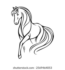 A dynamic silhouette of a galloping horse, showcasing strength, speed, and elegance. Perfect as a logo, emblem, or icon for equestrian sports, ranches, stables, or racing, in a sleek monochrome vector