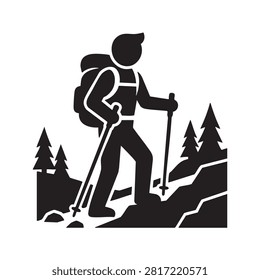 Dynamic silhouette of a hiker equipped with a backpack and trekking poles, ascending a rocky path surrounded by pine trees, capturing the essence of outdoor adventure and mountain exploration, perfect for themes of travel, sport, and nature.