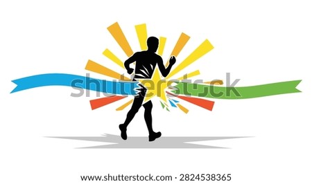 A dynamic silhouette illustration of an athlete crossing the finish line tape with a starburst effect behind them