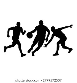 Dynamic silhouette illustration capturing the fastpaced action of a basketball game with three players engaged in a thrilling offensive and defensive play on a white background