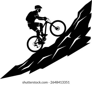 Dynamic silhouette illustration of a mountain biker ascending a steep, rugged trail. Ideal for themes related to adventure sports, outdoor activities, endurance, and cycling passion.