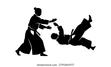Dynamic silhouette illustration of two individuals practicing a martial art, showcasing an Aikido throw technique with one person airborne.