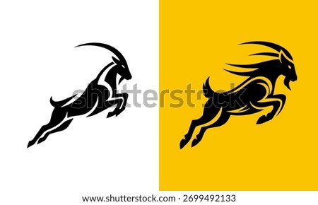 Dynamic silhouette of a jumping goat in black and white and yellow backgrounds