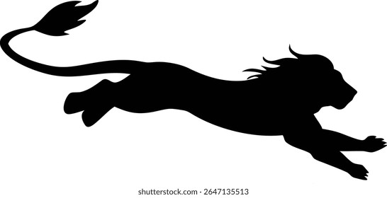 Dynamic silhouette of a jumping lion depicting strength and agility on white background