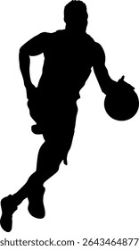 Silhueta dinâmica de um jogador de basquete masculino driblando. Ilustração vetorial isolada perfeita para temas de esportes, logotipos de equipes, decalques e projetos atléticos que representam poder e movimento.