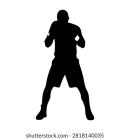 Dynamic silhouette of a male boxer in a fighting stance, emphasizing strength, agility, and readiness for combat or training scenarios.