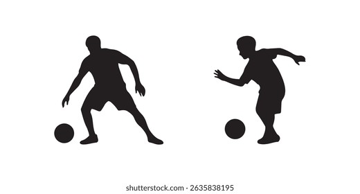 Dynamic silhouette of a man and a boy engaged in a soccer game, showcasing the action of playing.