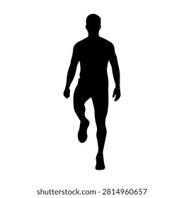 Dynamic silhouette of a man in motion, running towards the viewer, emphasizing energy and movement against a plain white background.