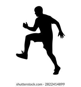 Dynamic silhouette of a man in motion, running and jumping, captured against a plain background, emphasizing movement and athleticism.