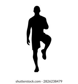 Dynamic silhouette of a man in motion, running with one leg raised, emphasizing movement, energy, and athleticism against a plain background.