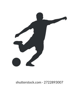 Una silueta dinámica de un hombre en movimiento aparentemente pateando un balón de fútbol con energía y gracia atlética que evoca un sentido del deporte