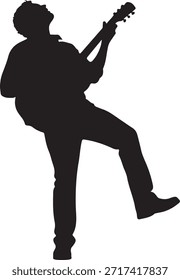 Una silueta dinámica de un hombre tocando la guitarra con una pierna levantada, transmitiendo energía y pasión por la música. Esta ilustración moderna presenta un diseño simple pero elegante, perfecto para proyectos relacionados con la música o esfuerzos creativos.