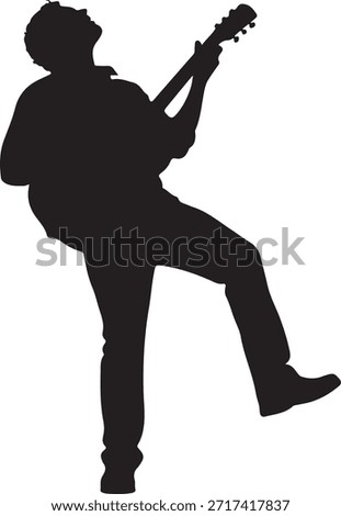 A dynamic silhouette of a man playing guitar with one leg raised, conveying energy and passion for music. This modern illustration features a simple yet elegant design, perfect for music-related projects or creative endeavors.