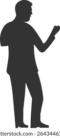 A dynamic silhouette of a man in a suit, seen from the side, in a gesturing or expressive pose.