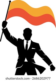 Una silueta dinámica de un hombre en traje ondeando una bandera. Este diseño representa la victoria, el liderazgo, el éxito o una manifestación política. El estilo minimalista es perfecto para la marca corporativa, política