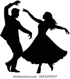 Uma silhueta dinâmica de um homem e uma mulher dançando em uma pose romântica.