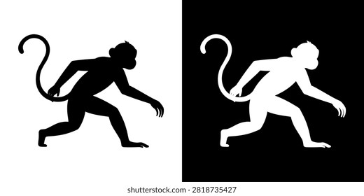 Dynamic silhouette of a monkey in a curious pose, captured in a lively stance, emphasizing movement and agility in a natural setting.