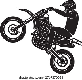 Dynamic silhouette of a motorcycle doing a wheelie stunt. High energy black vector icon for extreme sports and trick riding.