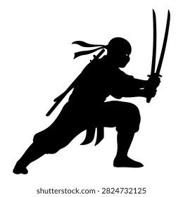 Dynamic silhouette of a ninja warrior wielding swords in a combat stance, showcasing agility and stealth in martial arts performance.