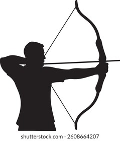 A dynamic silhouette of a person aiming with a bow and arrow.