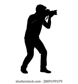 Dynamic silhouette of a person aiming a camera, capturing a shot, set against a plain white background, emphasizing focus and photography skills.