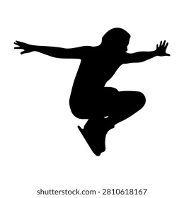 Dynamic silhouette of a person captured mid-jump with arms and legs extended, conveying energy, freedom, and movement against a plain background.