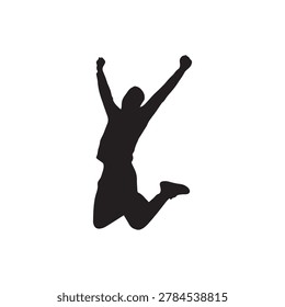 A dynamic silhouette of a person jumping with arms raised in triumph against a plain, light-colored background. The figure is in mid-air, creating a sense of motion and joy. The stark contrast emphasi.