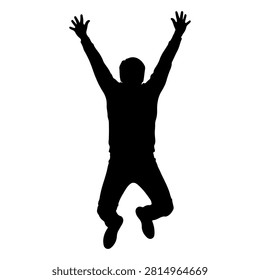 Dynamic silhouette of a person jumping with arms raised, expressing happiness and excitement, isolated on a white background.