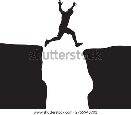 Dynamic silhouette of a person leaping over an abyss, symbolizing overcoming challenges. Ideal for concepts of risk, ambition, and achievement.