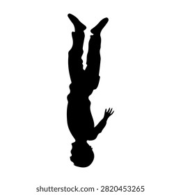 Dynamic silhouette of a person in midair, captured during a flip or fall, emphasizing movement and athleticism against a plain background.