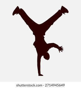 Eine dynamische Silhouette einer Person, die einen Handstand mit V-förmig gespreizten Beinen aufführt und auf einfarbigem Hintergrund Balance und sportliches Geschick demonstriert.