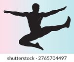 Dynamic silhouette of a person performing a high kick in midair athletic pose