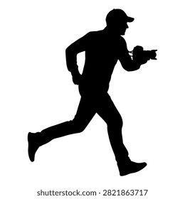 Dynamic silhouette of a person running while holding a camera, capturing a moment in motion, emphasizing activity, movement, and photography enthusiasm.