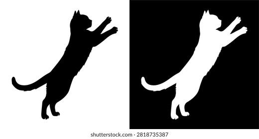 Dynamic silhouette of a playful cat leaping with outstretched paws, captured against contrasting backgrounds emphasizing motion and agility.