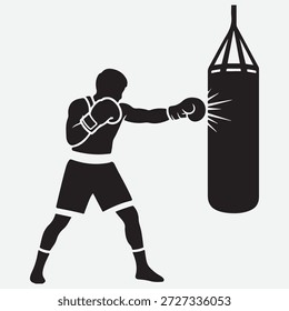 Silhueta dinâmica de poderoso treino de boxer duro com saco de perfuração para fitness e força Man Boxing Heavy Punching Bag Treino de treino