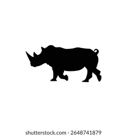 Dynamic silhouette of a rhinoceros charging forward, featuring its large horn, heavy body, and forward-leaning stance.