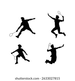Conjunto de silhuetas dinâmicas de jogadores de badminton masculinos que realizam o salto esmaga o vetor esportes ilustração isolada no fundo branco