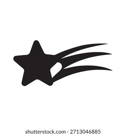 Una silueta dinámica de una estrella fugaz con un remolino de líneas de velocidad detrás de ella. Gráfico negro de alto contraste sobre blanco. El diseño utiliza espacio negativo para separar la estrella del movimiento