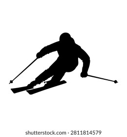 Dynamic silhouette of a skier racing down snowy slopes, capturing speed and agility in winter sports environment.